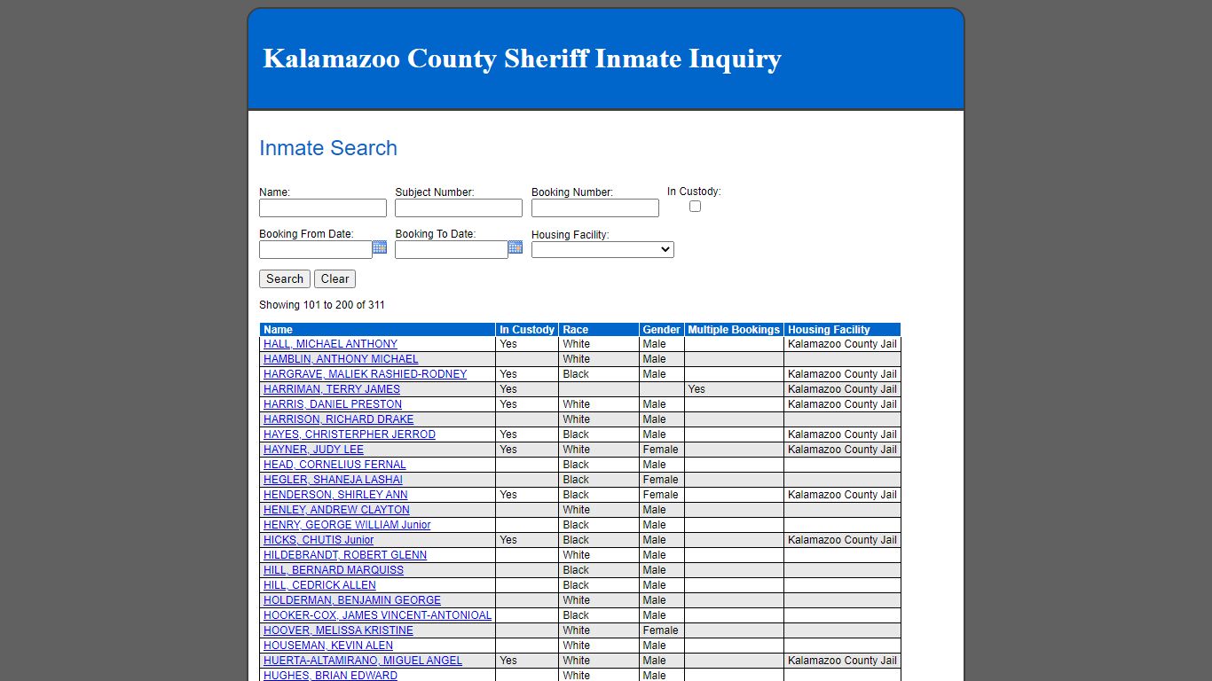 Inmate Search - Kalamazoo County County Consolidated Dispatch