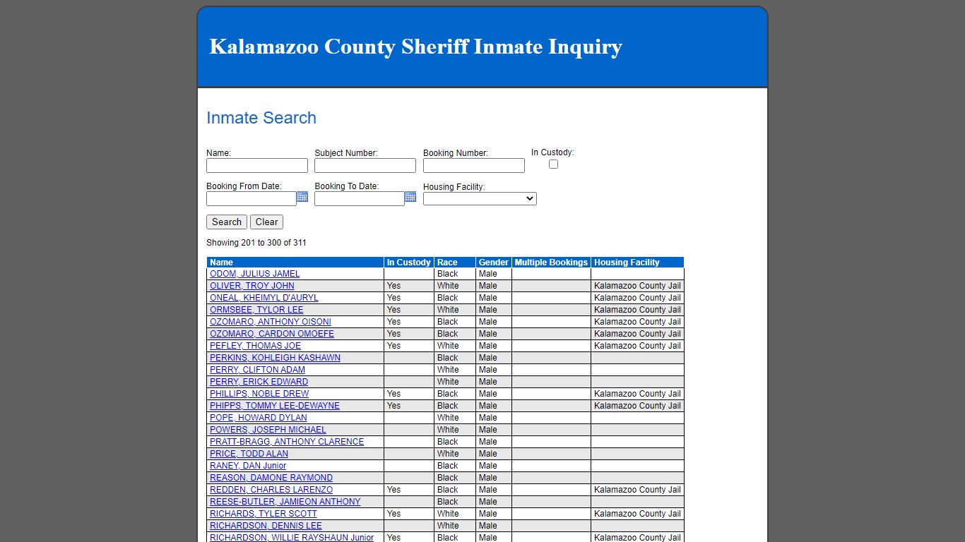 Inmate Search - Kalamazoo County County Consolidated Dispatch
